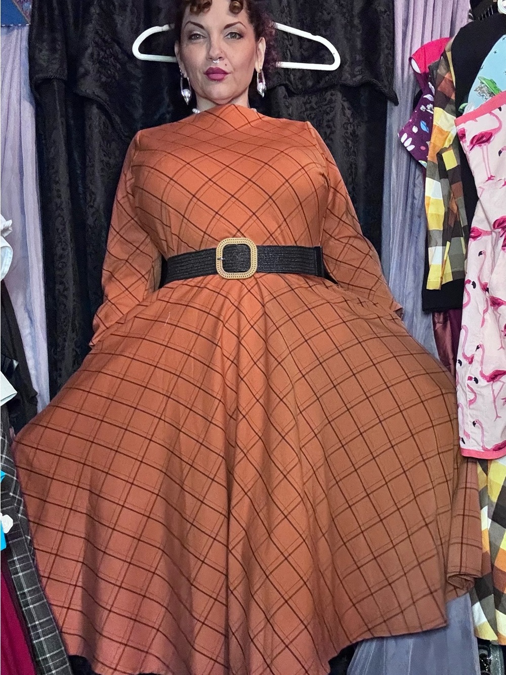 Unique Vintage Orange & Black Long Sleeve A-line Pinup Dress XL